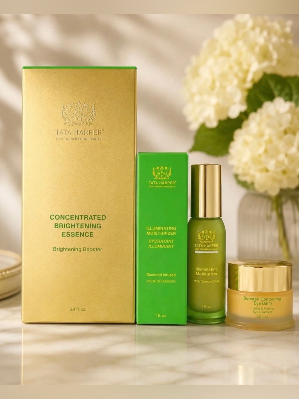 Tata Harper Illuminating Moisturizer Eye Balm Essence Skincare 3-Piece Set